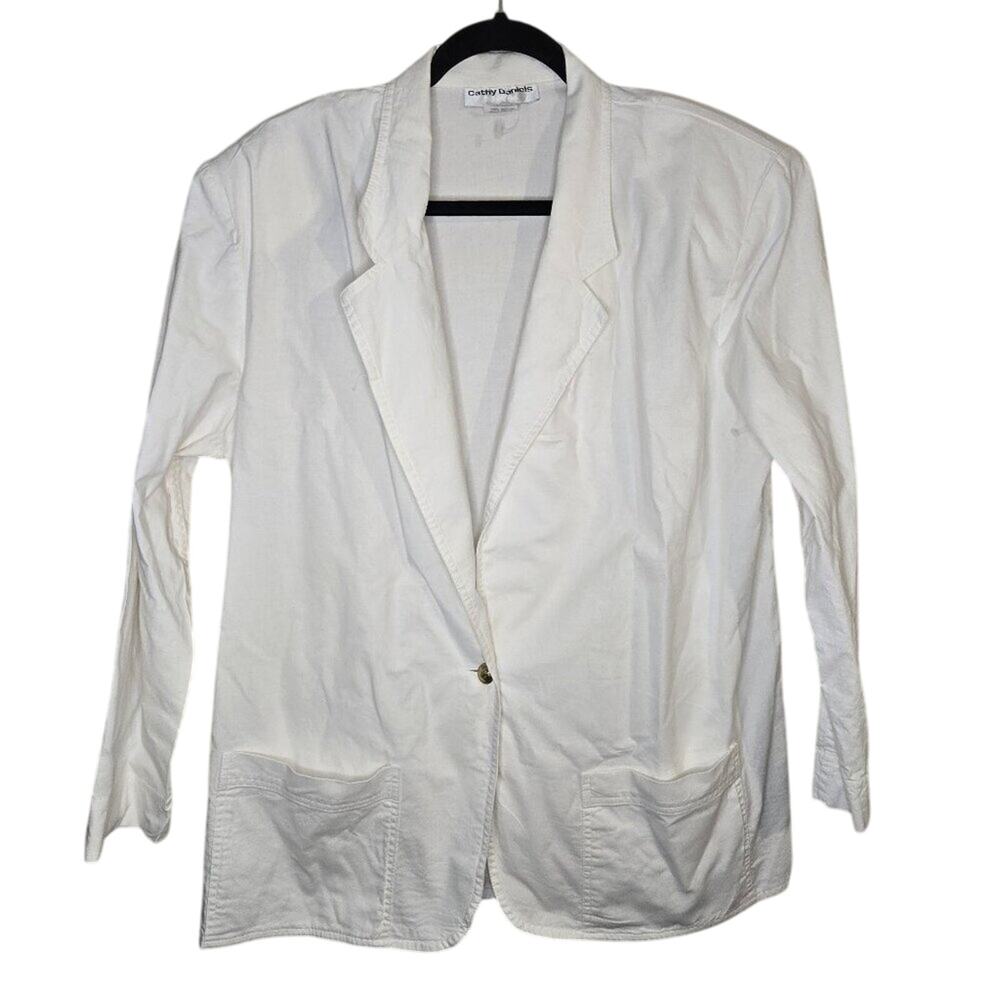 Cathy Daniels Large White 100% Cotton Notch Lapel Gold Button Blazer [0318]